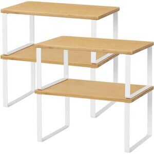 Bamboo Kitchen Cabinet and Counter Shelf Organizer, Set of 4 White and Natural